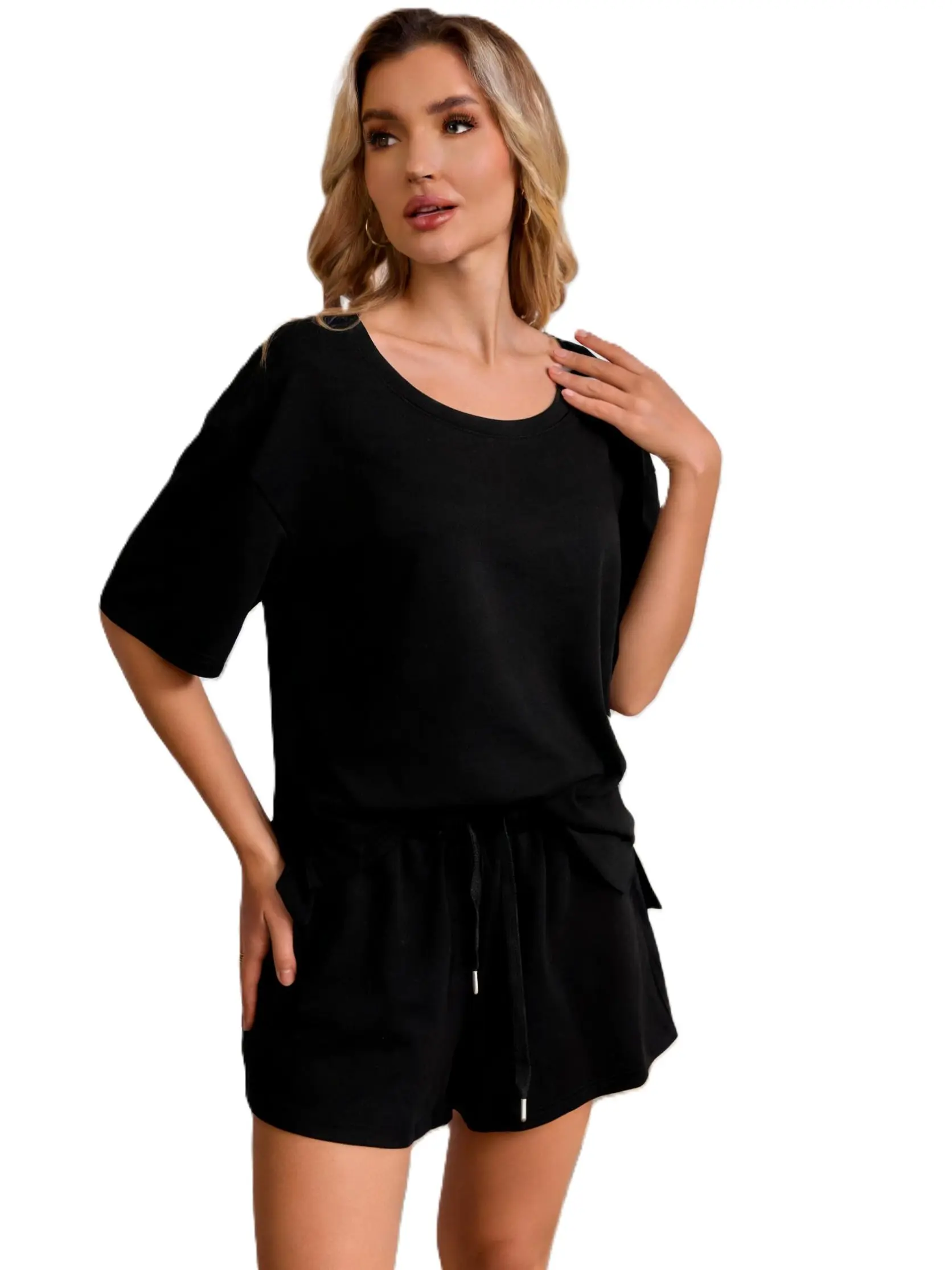 EBOSSY Women's 2-Piece Cotton Lounge Set - Basic Casual Summer Pajamas with Solid Short Sleeve Top, Drawstring Shorts, Cool Iron, Hang Dry, Plain Design