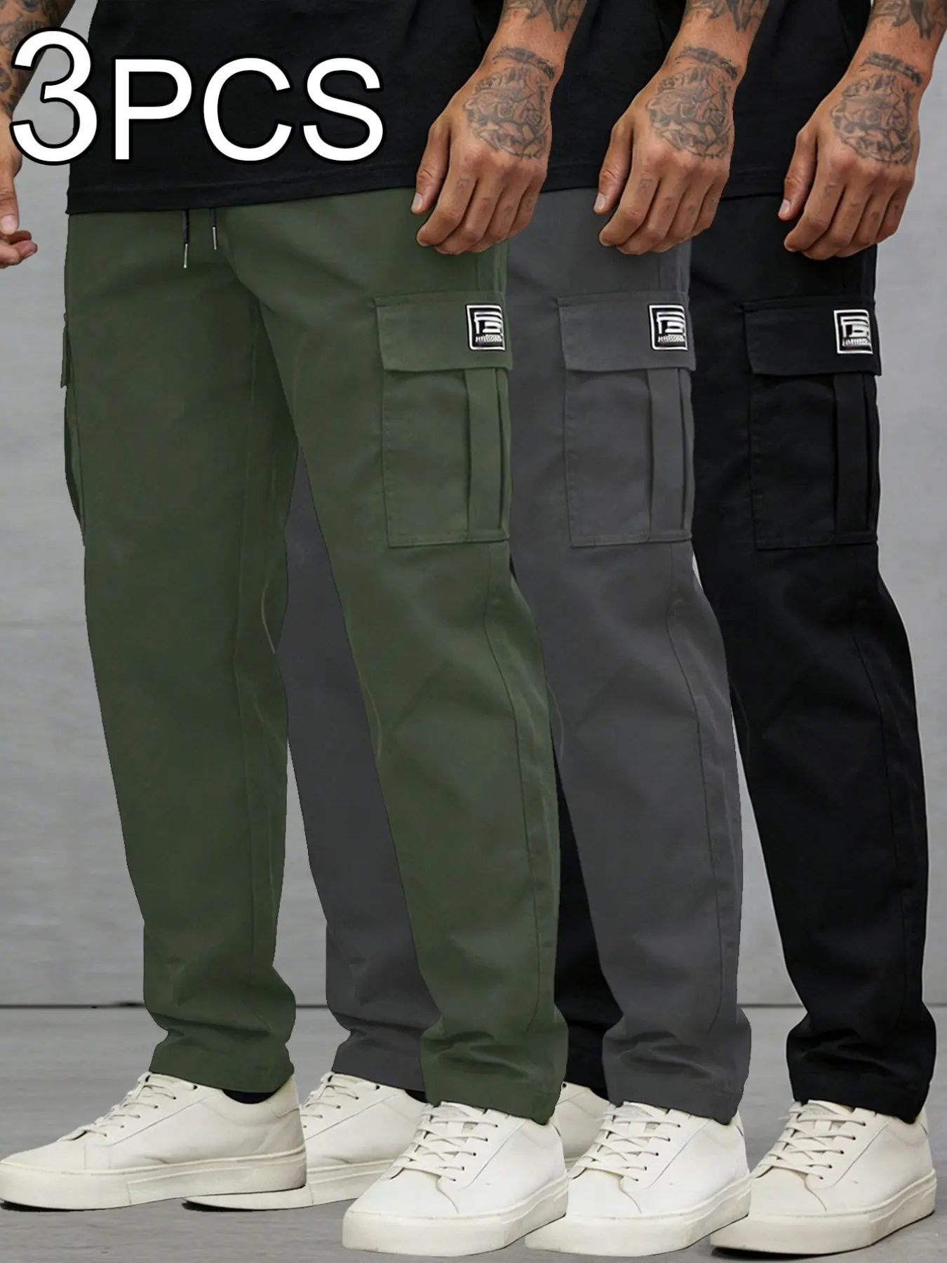 Men's Casual Cargo Pants Trouser Set, Casual Outdoor Trouser, Solid Color Design, Drawstring Waist & Side Pocket Details, Perfect for Daily
