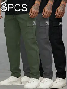 Men's Casual Cargo Pants Set, Solid Color Design, Drawstring Waist & Side Pocket Details, Perfect for Daily