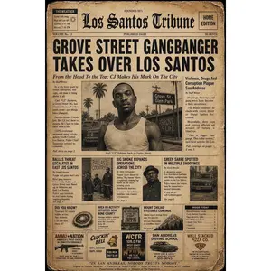 Grove Street Rises Vintage Los Santos Tribune CJ Newspaper Poster Print, 13x19 Premium Matte Paper High-Resolution Retro Aesthetic Art, 1-Piece Unframed Pack, Artistic Room Decor Gift for Living Room