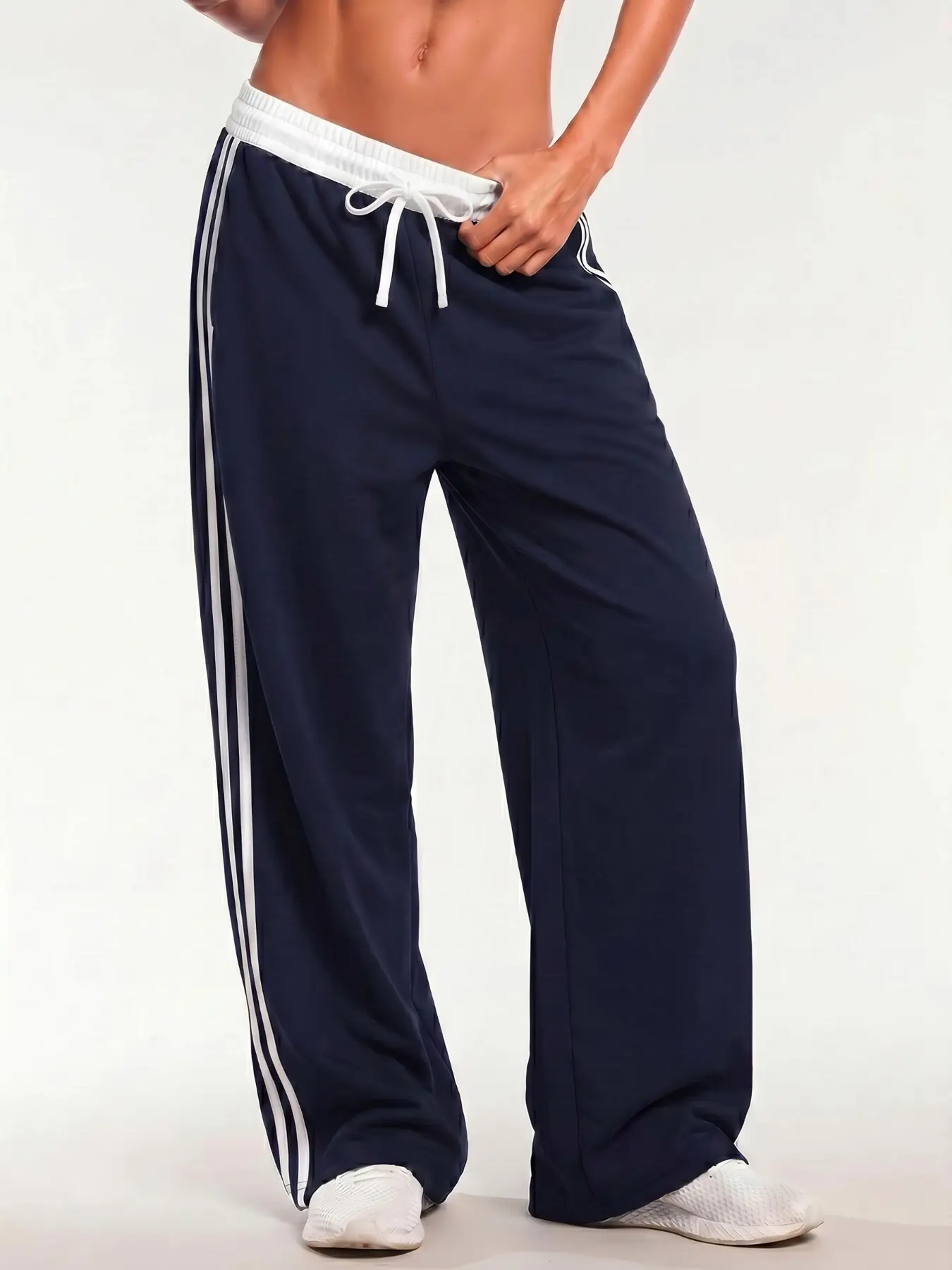 Women's Y2K Navy White Stripe Drawstring High Waist Wide Leg Track Pants, Drawstring Loose High Waisted Sweatpants, Breathable Knit Sweatpants, Elastic Waistband Gym Jogging Lounge Wear With Side Pockets, Athleisure Trousers For Fitness Daily Wear