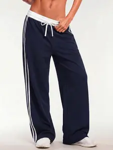 Women's Y2K Navy Double White Stripe Drawstring High Waist Wide Leg Track Pants, Soft Breathable Knit Streetwear Sweatpants, Elastic White Waistband Gym Jogging Lounge Wear With Side Pockets, Trendy Athleisure Trousers For Street Style Fitness Daily Wear