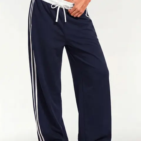 Women's Y2K Navy White Stripe Drawstring High Waist Wide Leg Track Pants, Loose High Waisted Striped Drawstring Sweatpants, Breathable Knit Sweatpants, Gym Jogging Lounge Wear With Side Pockets, Athleisure Trousers For Fitness Daily Wear