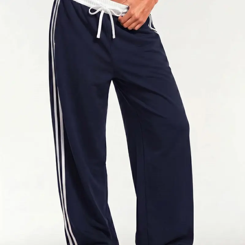 Women's Y2K Navy White Stripe Drawstring High Waist Wide Leg Track Pants, Loose High Waisted Striped Drawstring Sweatpants, Breathable Knit Sweatpants, Gym Jogging Lounge Wear With Side Pockets, Athleisure Trousers For Fitness Daily Wear