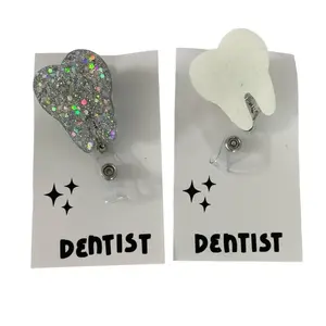 Fun Dentistry Dentist Dental Assistant Badge Reels Tooth Design with Sparkling Glitter Finish Scrub Life Name Tag Holders for Professional Wear