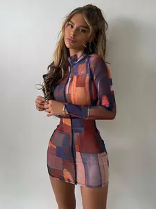 Women's Geometric Print Bodycon Dress, Street Fashion Mock Neck Long Sleeve Short Dress for Daily Outdoor Wear, Ladies Clothes for Summer