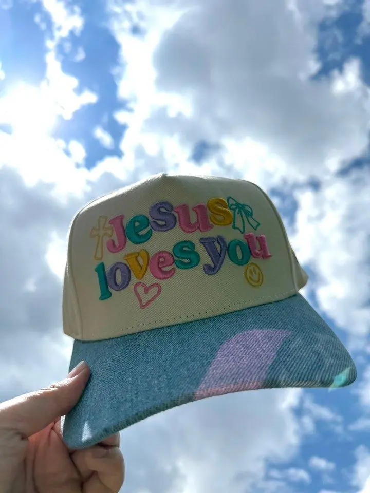 Jesus Loves You Colorful Embroidered Hat with Blue and Pastel Design