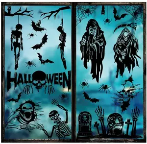 9 Sheet Halloween Scary Skeleton Window Clings Ghost Bat Spider Tombstone Window Silhouette Decor Double-Sided Black Window Decals for Halloween Home School Office Decoration Party Supplies Spooky Gift