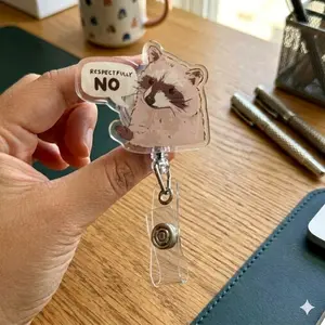 Raccoon Respectfully No Badge Reel with ID Belt Clip Cute Design Acrylic for Children Gift Work Accessories Nurses Medical Teacher Student