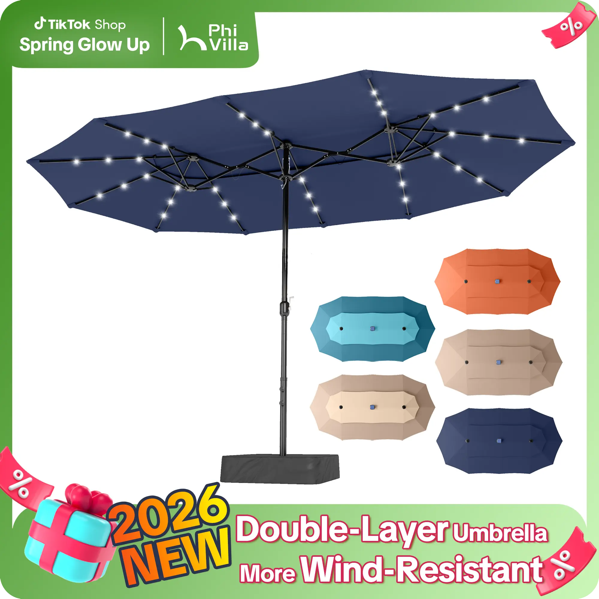 [2026 Upgrade] PHI VILLA 13/15FT Double Layer Patio Umbrella with 36 Solar LED Lights, Wind-Resistant Large Outdoor Rectangular Umbrella with Base,DealsForYouDays