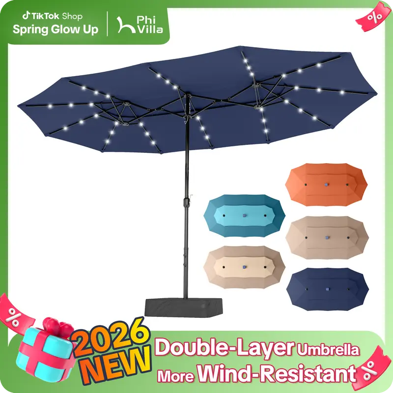 13 oz banners wind resistant patio umbrella SUPERJARE 13FT Outdoor with Base Included, Double Sided Pool Umbrellas with Fade Canopy, Large Table Umbrella for Deck, Market, Backyard Ventilated Design Double-Sided Patio Umbrella with Solar