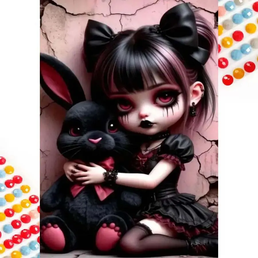 5D DIY Full Drill Round Diamond Painting Diamond Pattern Design - Diamond Art Kit Black Rabbit, Bowknot, Cracked Background Mosaic, Canvas - DIY Wall Decor, Home Wall Decoration, Suitable for Halloween and Christmas, Birthday and Anniversary Gifts