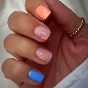 24pcs Short Square Press-On Nails - Orange & Blue Color-Block Floral Design Glossy Fake Nails with Jelly Glue & Nail File Women & s, Casual Attire, Beauty Accessories, Durable Pressons