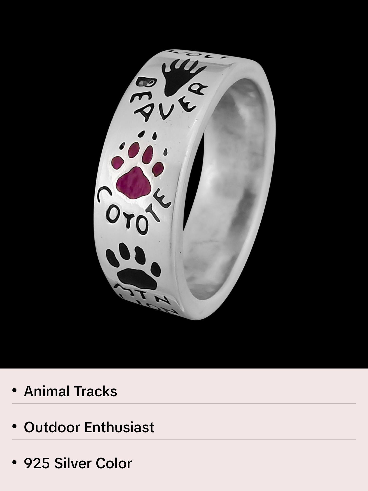 925 Silver Band Ring - Size 5 - Outdoor Enthusiast - Animal Tracks - Raccoon, Mustang, Moose, Lion, Coyote, Beaver, Wolf, Bear