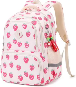 Backpack, Kawaii Printed Girls Bookbags for Elementary, Lightweight School Backpack for , Water Resistant Teen Backpacks, White/Strawberries