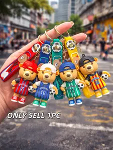 Cute Cartoon Soccer Bear Keychain Set 3D Football Jersey Bear Pendant with Wrist Lanyard Aesthetic Backpack Bag Charm Sport Gift for Soccer Fans Men Teens Kids