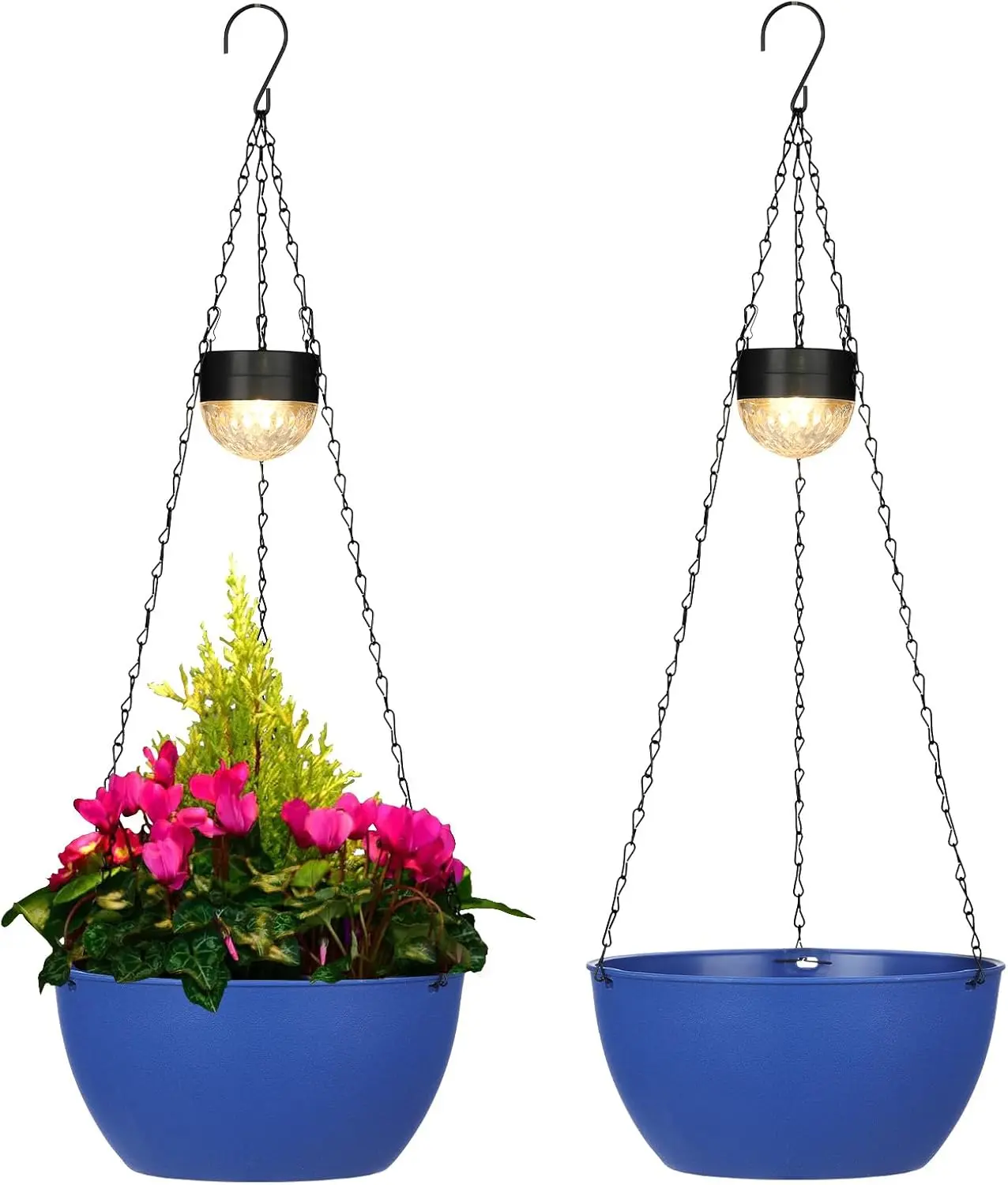 2-Pack Synthetic Sphere Solar Hanging Baskets, Self-Watering Blue Garden Planters with LED Light Drainer for Balcony, Patio Outdoor Decoration