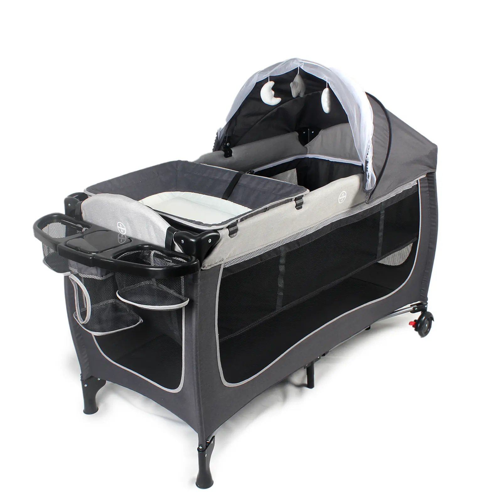 4-in-1 Baby Bassinet Bedside Sleeper: Crib for Foldable Double Deck with Wheels, Built-in Diaper Changing Table & Storage Shelves, Mosquito Net & Toy Pendants - Gray/Black, Easy Mobility Bassinet  | Sturdy Frame Construction