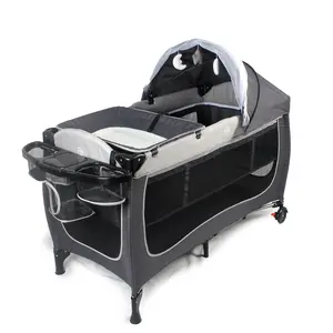 4-in-1 Baby Bassinet Bedside Sleeper: Crib for Foldable Double Deck with Wheels, Built-in Diaper Changing Table & Storage Shelves, Mosquito Net & Toy Pendants - Gray/Black, Easy Mobility Bassinet  | Sturdy Frame Construction