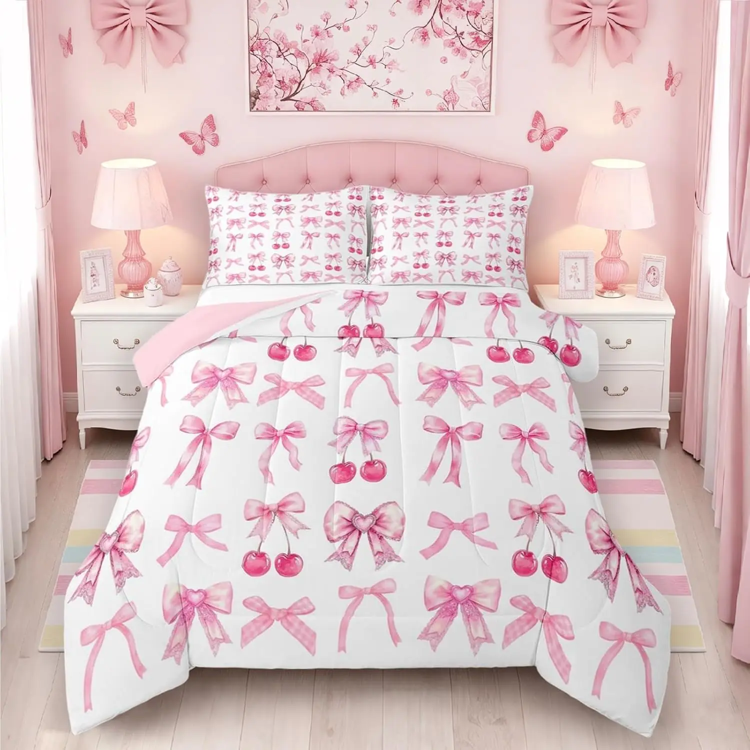 Pink Bow Bedding Set for Pink Room Decor,Cute Cherry Bow Comforter Set Princess Bowknot Bedy Kawaii Bows Bedding Comforter Sets,1 Pillowcase
