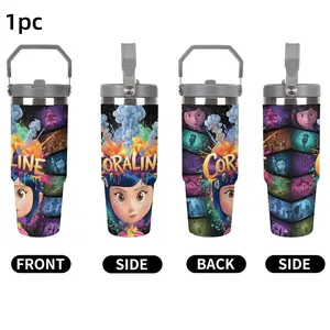 1pc Coraline Themed Portable stainless steel travel cup,Multiple patterns available,30oz-ounce Water Bottle with handle-insulated and leak-proof travel cup,hot/cold drink cup,perfect gift for Mother's Day and Father's Day,for outdoor and office use