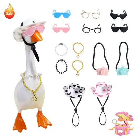 14-Pc Colorful Desk Goose Accessory Set for 7-in Goose Statue - Mini Chain Collars, Hats, Sunglasses, Necklaces - Funny Custom Craft Decor for Magnetic Desktop Geese, Adds Charm, Ideal Gift