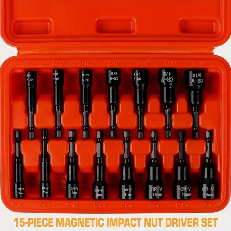 15PCS Magnetic Impact Nut Driver Set Metric and SAE, 1/4" Quick Change Hex Shank Deep Socket Nut Setter Kit (6-14mm & 1/4"-9/16"), CR-V Steel Drill Bit Sockets with Orange Storage Case