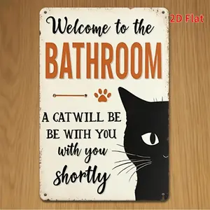 2D Flat, 2D Flat Decorative Signs & Plaques1 Funny Cat Metal Bathroom Sign - Vintage Tin Style 12x8 Inch Humorous "Welcome to the Bathroom" and "A Cat Will Be with You Soon" Wall Decor - Durable Iron Black and White Cat Design for Bathroom, Kitchen