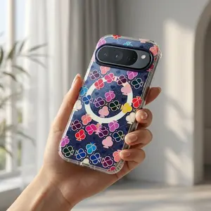 For Google Pixel 9 10 Pro XL 9A 10A Double Layer Printed Plum Blossom Spade Glitter Gradient Blue Light Magnetic Case