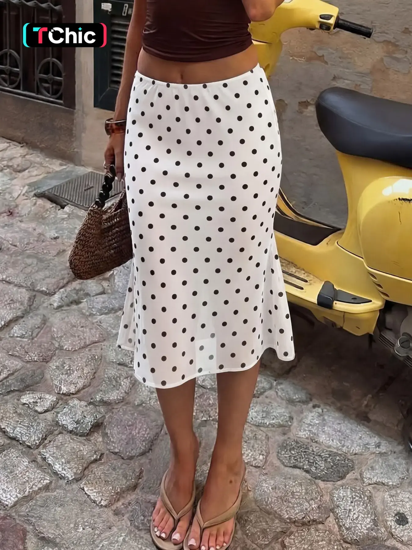 White Polka Dot Fishtail Midi Skirt Women High Waist Slim Fit Flared Hem Lightweight Chiffon Skirt Elegant French Vintage Bohemian Boho A-line Skirt Summer Casual Streetwear Chic Bodycon Party Going Out Skirt