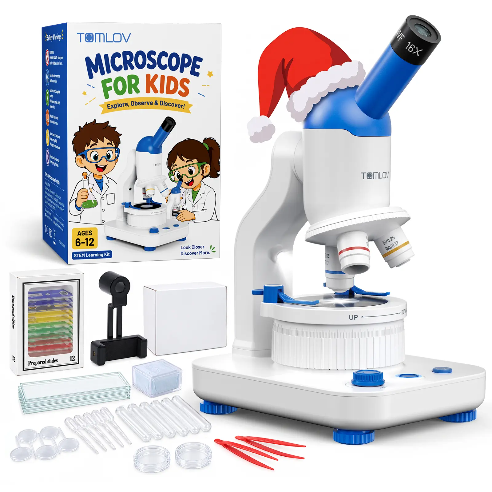 TOMLOV DM301K Microscope for Kids, 63 PCS Educational Science Kit, STEM Toy, Prepared and Blank Slides, Ages 6-12, Easy to Use, 640x Clear View, Ready to Learn, Dual LED Lights, Phone Adapter, Cordless Visit the TOMLOV Store