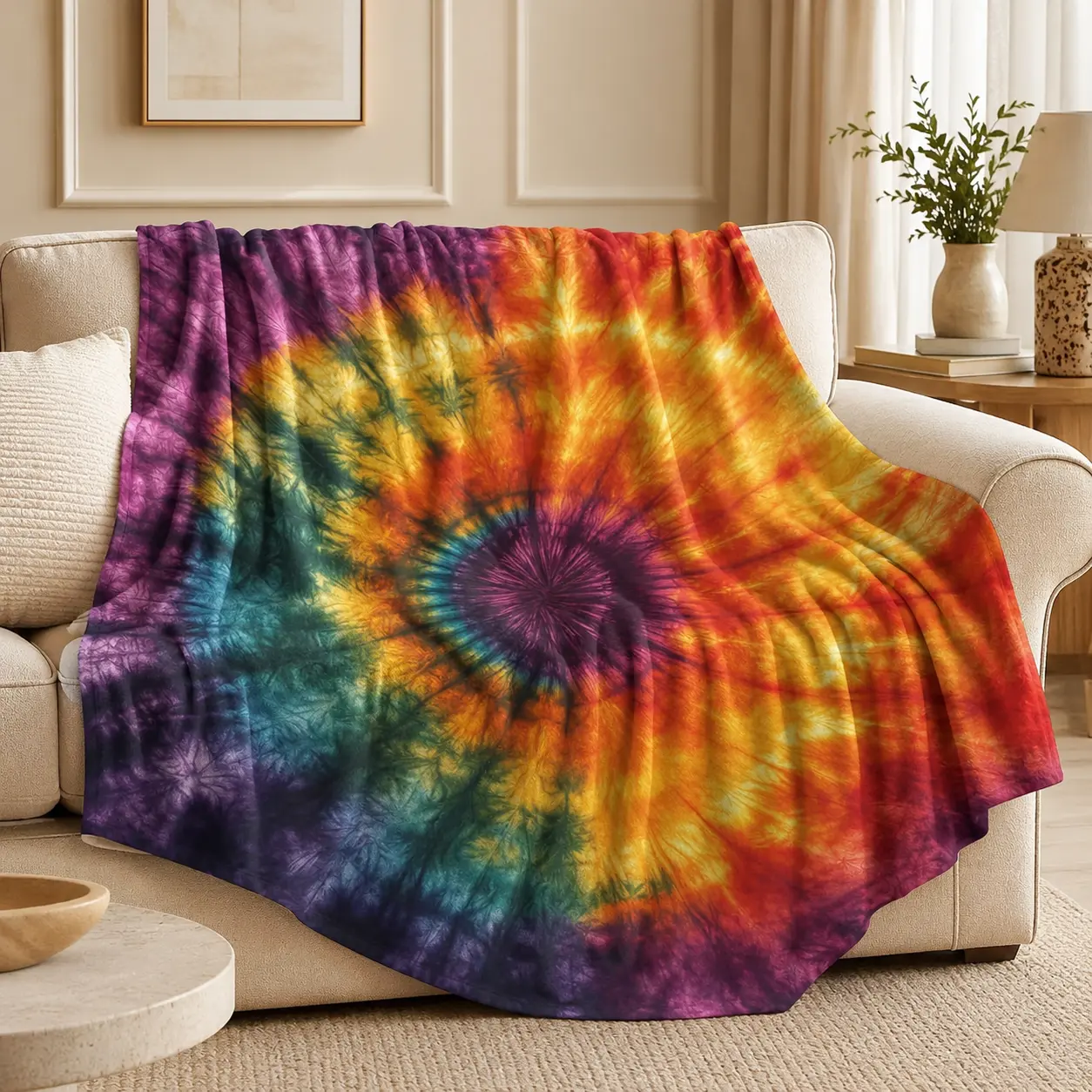 Rainbow Tie-Dye Spiral Flannel Throw Blanket, Super Soft Lightweight Colorful Fleece Blanket for Adults & Kids, Cozy Warm Psychedelic Pattern Blanket for Bed Couch Chair Relaxing Gift