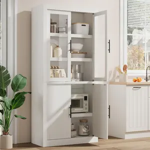 70.45" Tall Rustic White-Glass Farmhouse Pantry Cabinet, 4 Doors & Adjustable Shelves – Sturdy Anti-Tip Bookcase for Kitchen, Dining or Office