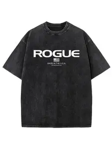 Rogue Men's heavy 220GSM vintage washed cotton T-shirt - American made print design, worn denim style, oversized regular round neck short sleeve casual street style T-shirt, all season comfortable durable daily essential