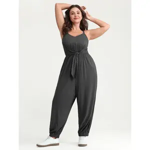 BLOOMCHIC Plus Size Supersoft Spandex Fabric Knotted Front Overalls Jumpsuit - Stretchy Cuffs, Sleeves, Pockets, Flattering Fit, Casual Lady Summer Garment [M-6X]2026 Summer Vibes