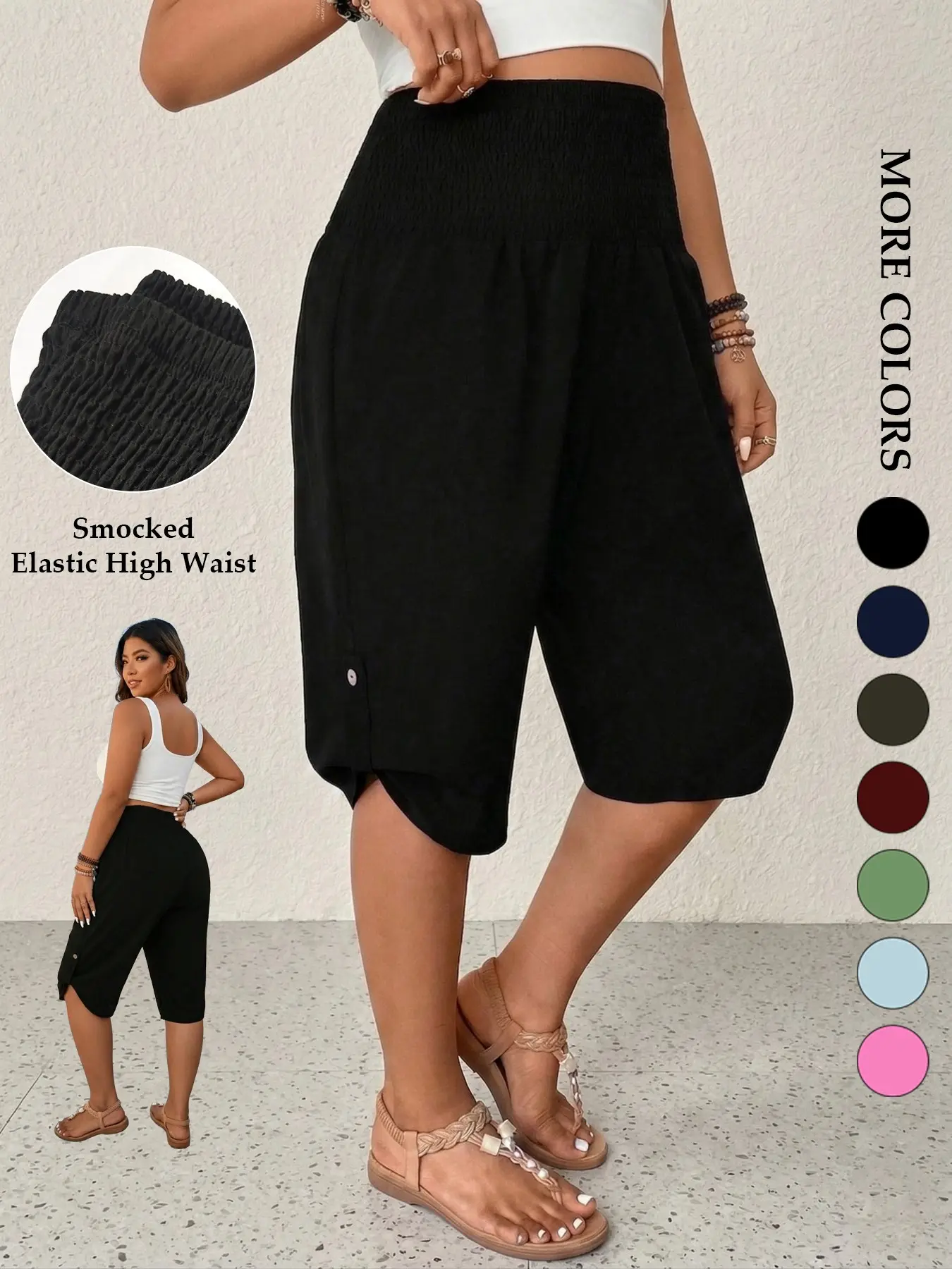 Women's Plus Size Capri Pants，Lightweight and comfortable fabric，Smocked Elastic High Waist Tummy Control Cropped Trousers Tulip Hem Button Casual Summer Lounge Flowy Trendy，Daily Commute Bottom
