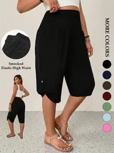 Women's Plus Size Capri Pants，Lightweight and comfortable fabric，Smocked Elastic High Waist Tummy Control Cropped Trousers Tulip Hem Button Casual Summer Lounge Flowy Trendy，Daily Commute