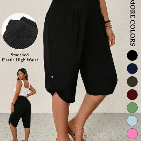 Women's Plus Size Capri Pants，Lightweight and comfortable fabric，Smocked Elastic High Waist Tummy Control Cropped Trousers Tulip Hem Button Casual Summer Lounge Flowy Trendy，Daily Commute，Cropped Capris