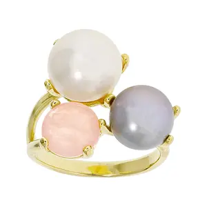 JTV White & Gray Cultured Freshwater Pearl & Rose Quartz 18k Gold Over Bronze Ring