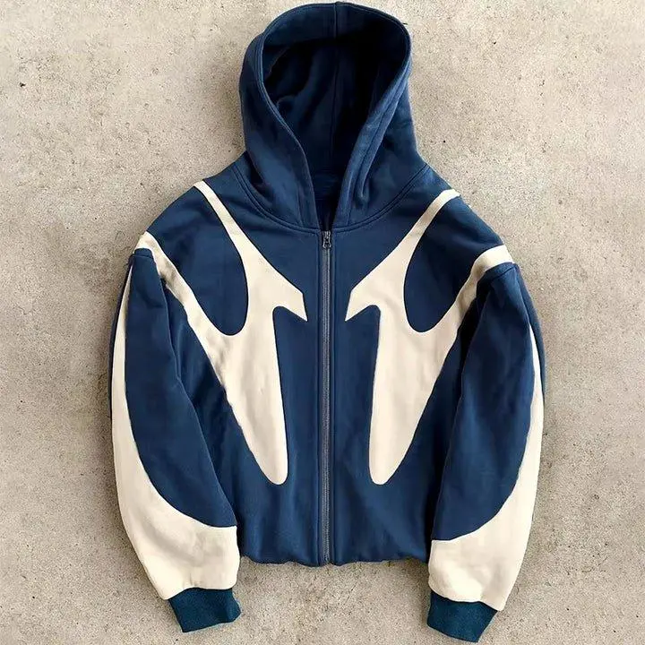 American Retro Letter Printed Devil Pattern Hoodie Y2K Harajuku Casual Couple Zipper Navy Blue & White Street Fashion Sweatshirt for Y2K and Harajuku Lovers - Menswear Streetwear Classic