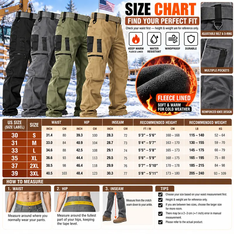Men's olive green fleece-lined tactical work pants