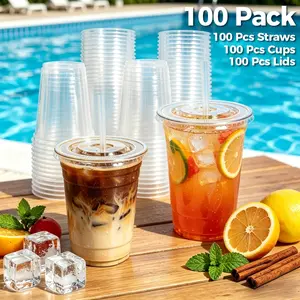 Disposable Clear Cups 100-Pack, 16oz-20oz-24oz Sturdy Design with Lids & Straws for Game Day, BBQs