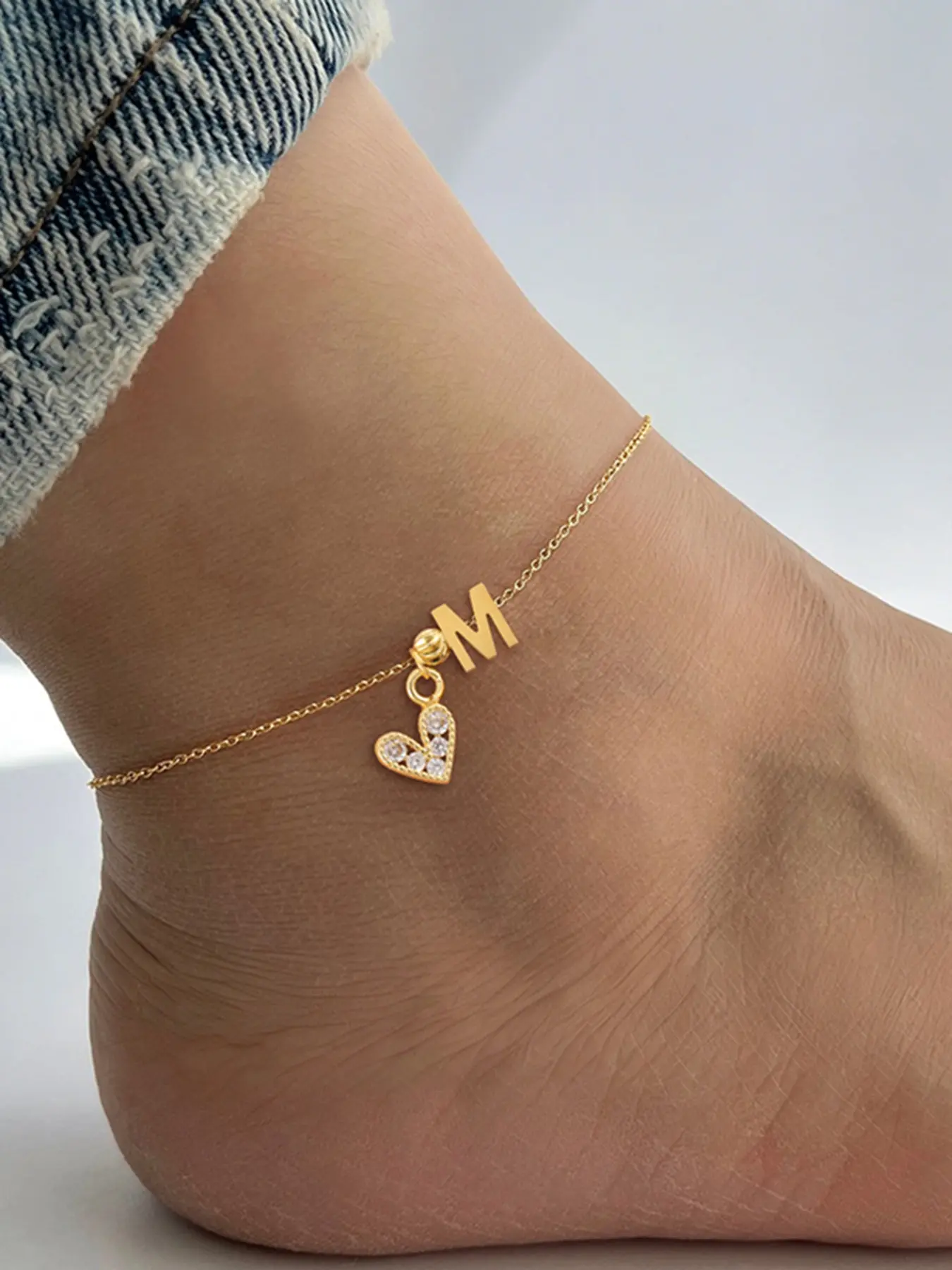 Women's Zircon Heart Initial Pendant Anklet, Stainless Steel Chain, Fashion Classic Design, All Seasons Jewelry, Fashionable Jewelry, Jewelry Accessories, Personalized Jewelry Gift