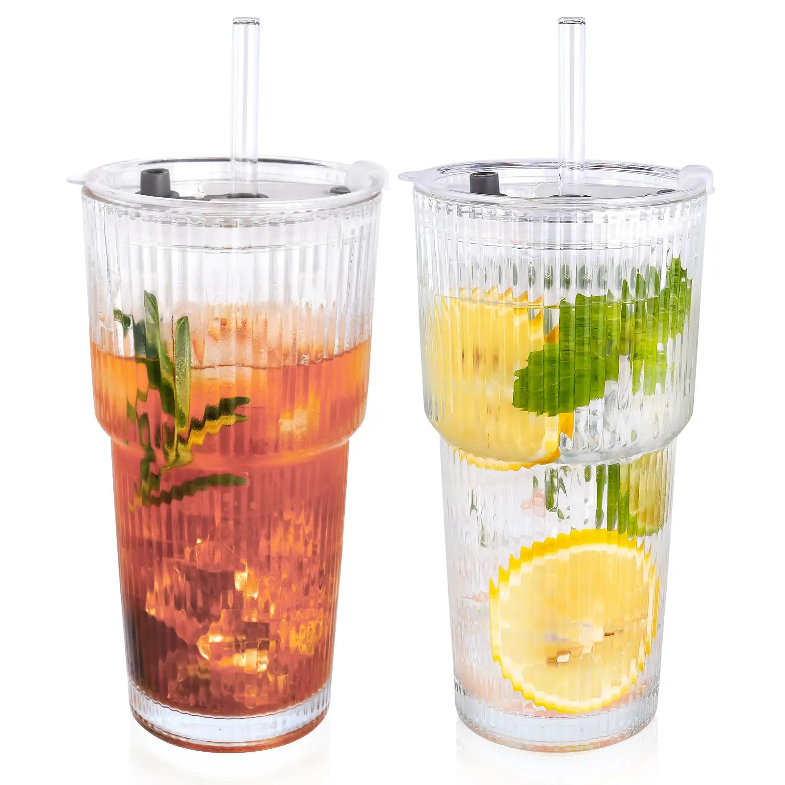 iced coffee mug 2PCS 20oz Ribbed Thick Glass Drinkware Set with Lids, Straws and Clean Brush - Stylish Tumblers for Iced Coffee, Cold Beverages, Cute Gift Option Drinkware  whiskey lover gifts