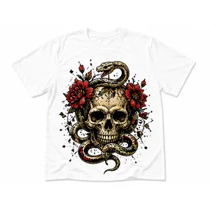 Menswear Casual Short-Sleeve Round Neck T-Shirt - Unisex Gothic Skull, Snake & Red Flower Print, Dark Tattoo-Style Graphic, Edgy Floral Streetwear Top