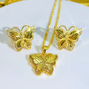 Sweet Girl Forest Style Copper Plated 18K Gold Butterfly Pendant Necklace Earrings Set for Women Exotic Literary Retro Jewelry