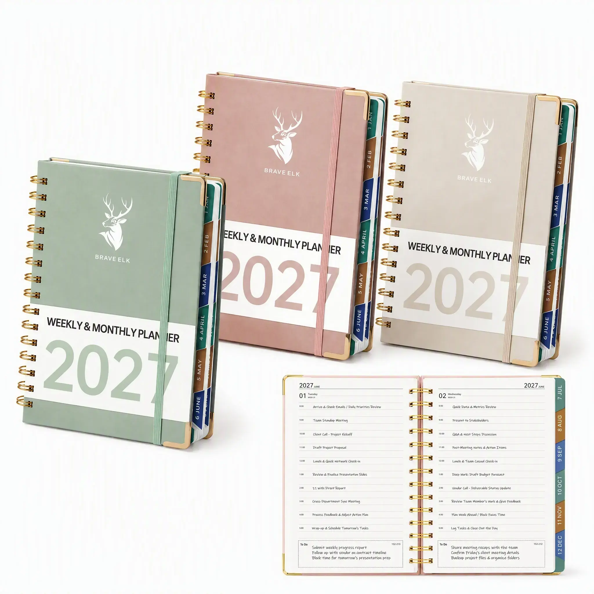 2027 Brave Elk Weekly & Monthly Planner, Spiral-Bound Habit Tracker Journal for Work/Study, 320 Pages Thick Paper Office Stationery, Calendar & Annual Goals Tracking Time Management Book - YY1