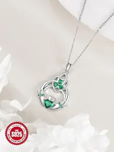 S925 Sterling Silver Irish Claddagh Zircon Necklace, Artificial Gemstone Decor Pendant Necklace for Women & Girls, Trendy All-match & Exquisite Jewelry for Birthday Gift