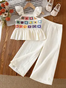 Summer 2 Pieces Young Girls Colorful Crochet Flower Sweet Cap Sleeve Square Neck Vest, Solid Color Wave Stripe Simple Long Pants Set, Fashion Clothes Set, Summer Clothing Set