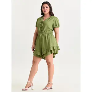 BLOOMCHIC Plus Size Triple Front Tie Ruffled Hem Romper [M-6X]2026 Summer Vibes